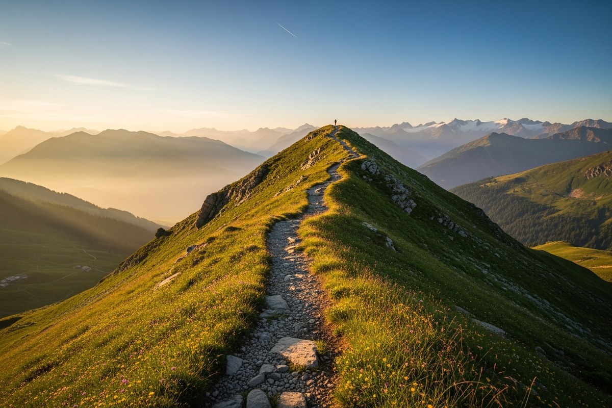 Sentier alpin au lever du soleil dans les Alpes, brume matinale sur la vallée