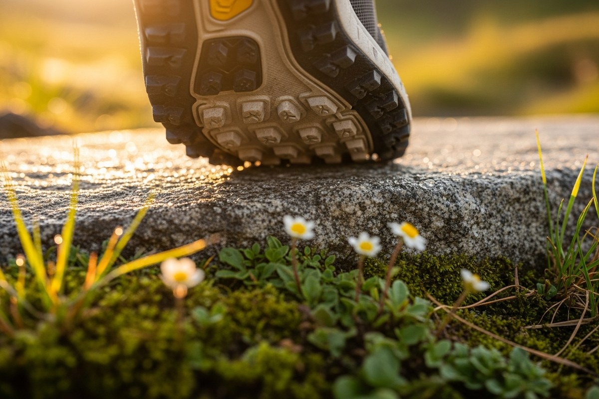 Chaussures de trail sur rocher granitique en altitude avec mousses et fleurs alpines