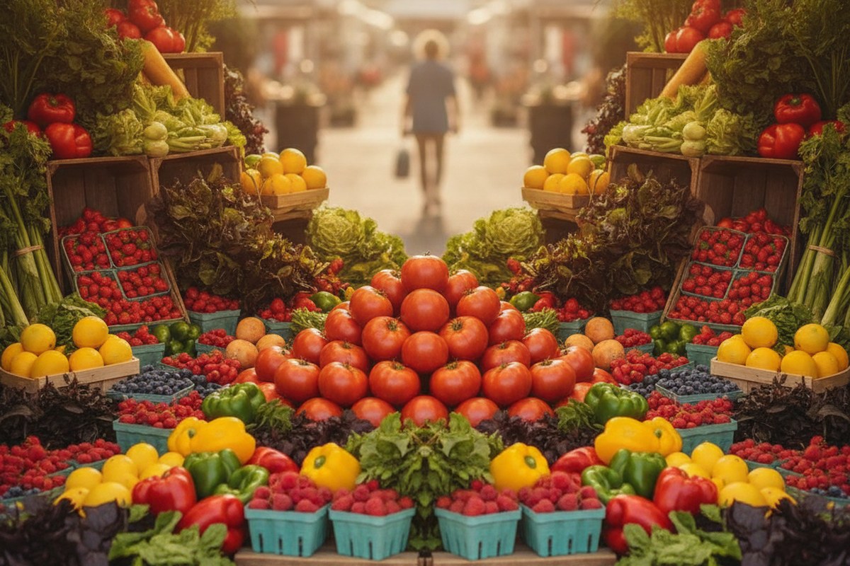 Étal de marché d'été rempli de fruits et légumes frais et colorés