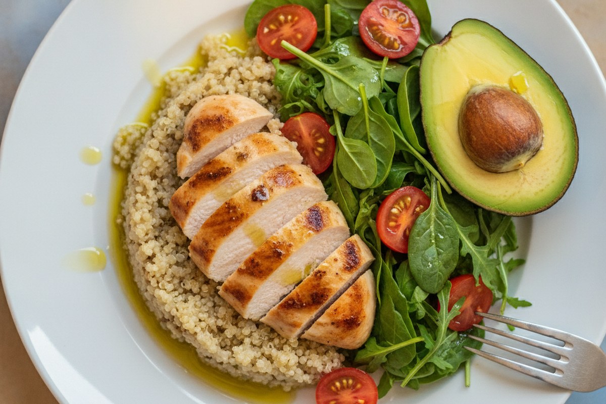 Assiette équilibrée : poulet grillé, quinoa, salade verte, avocat et tomates