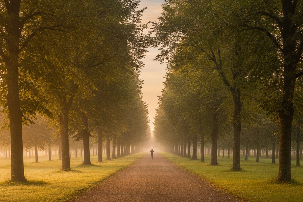 Allée arborée d'un parc au lever du jour, lumière douce