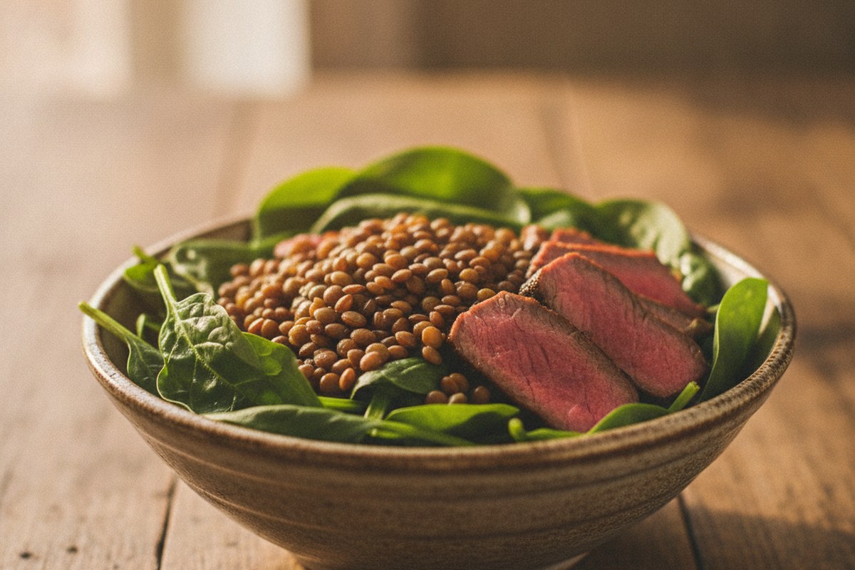 Bol d'aliments riches en fer : épinards, lentilles et viande maigre