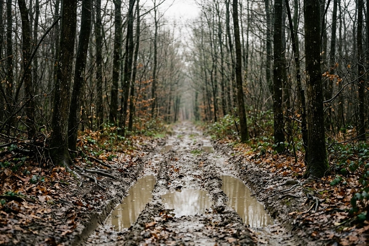 Sentier forestier détrempé avec ornières remplies d'eau en automne