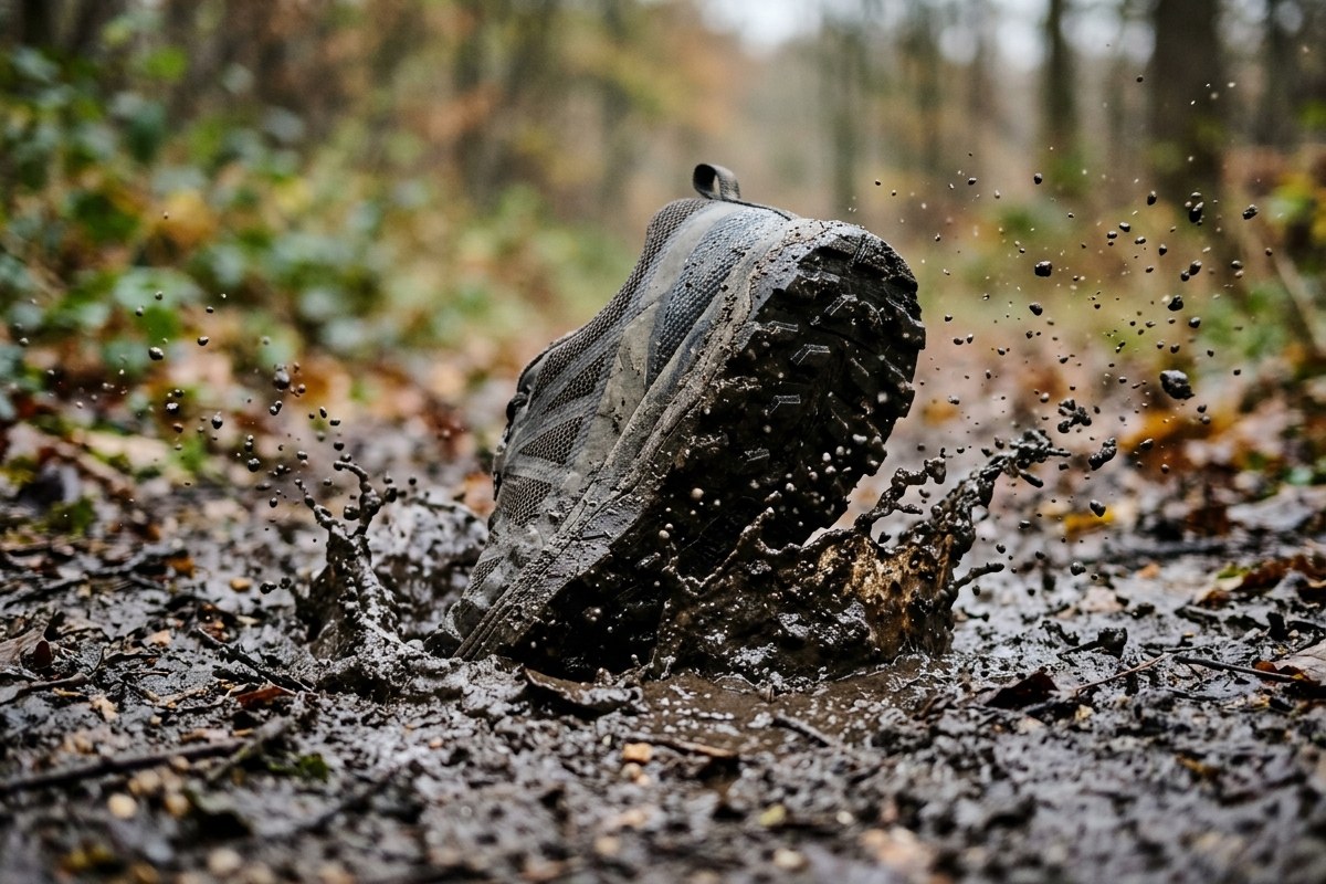 Chaussure de trail à crampons profonds éclaboussant la boue
