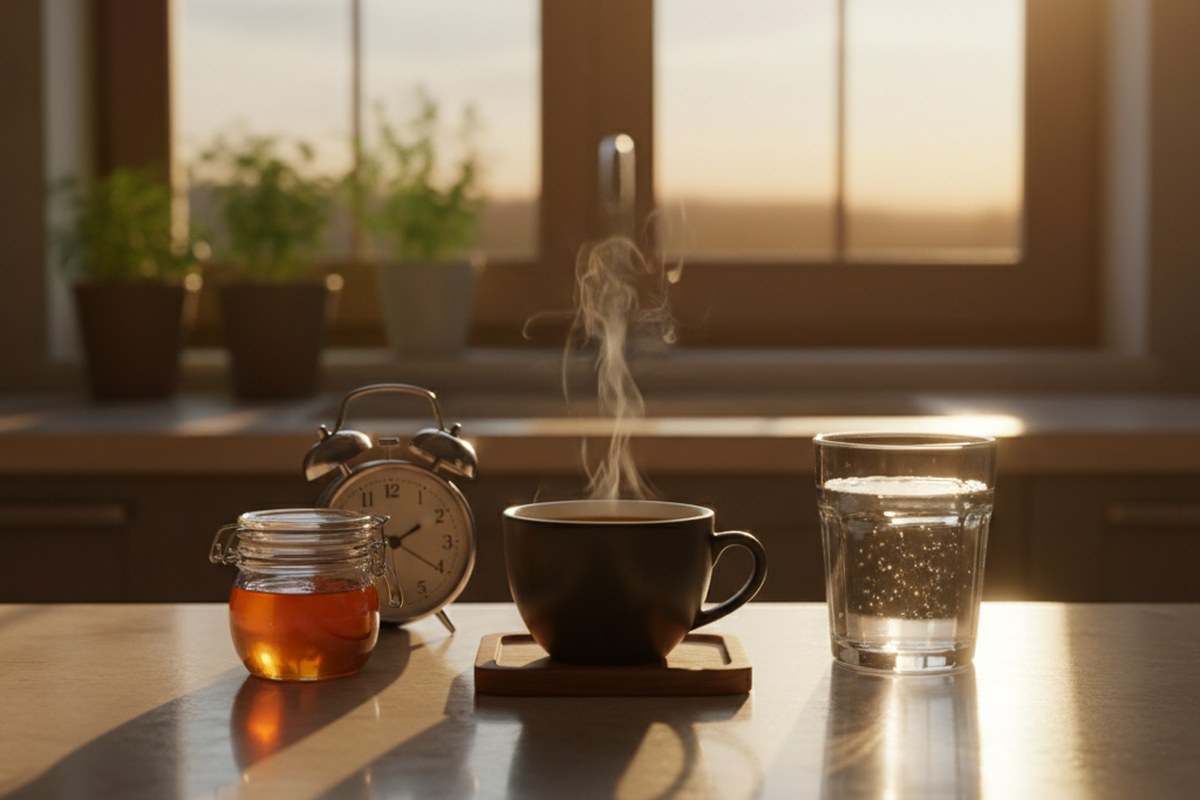 Plan de travail de cuisine au lever du jour avec café noir, pot de miel, verre d'eau et réveil