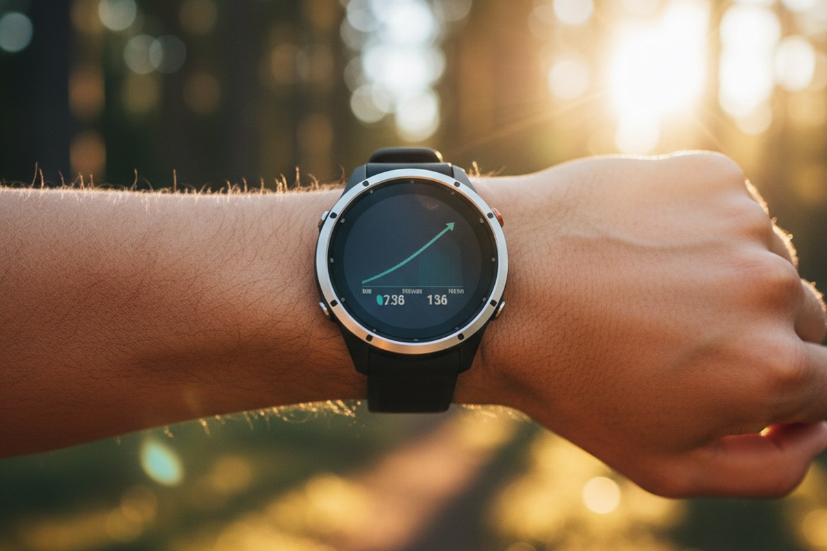 Gros plan sur une montre GPS portée au poignet pendant une course en forêt au soleil rasant