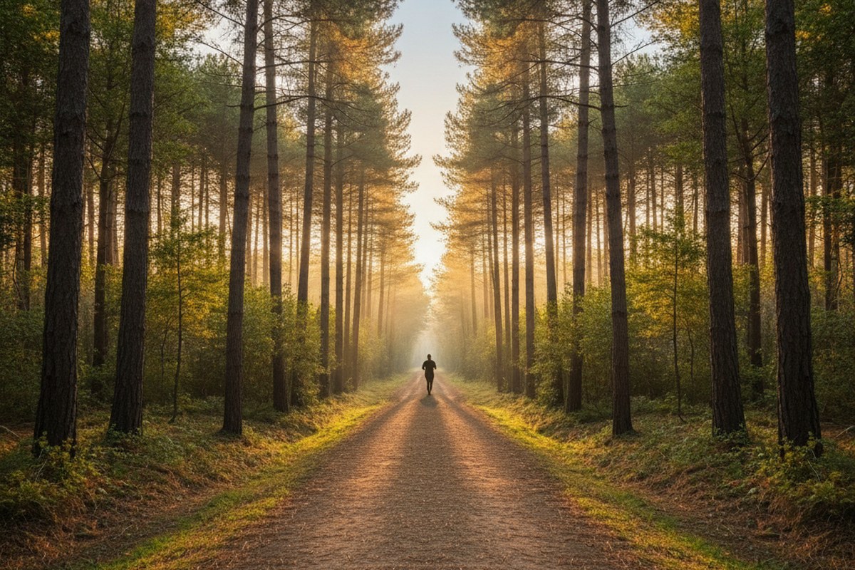 Sentier forestier au lever du jour, lumière chaude entre les pins, coureur silhouette au loin