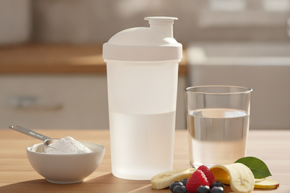 Shaker, bol de poudre blanche, verre d'eau et fruits frais sur un plan de travail ensoleillé