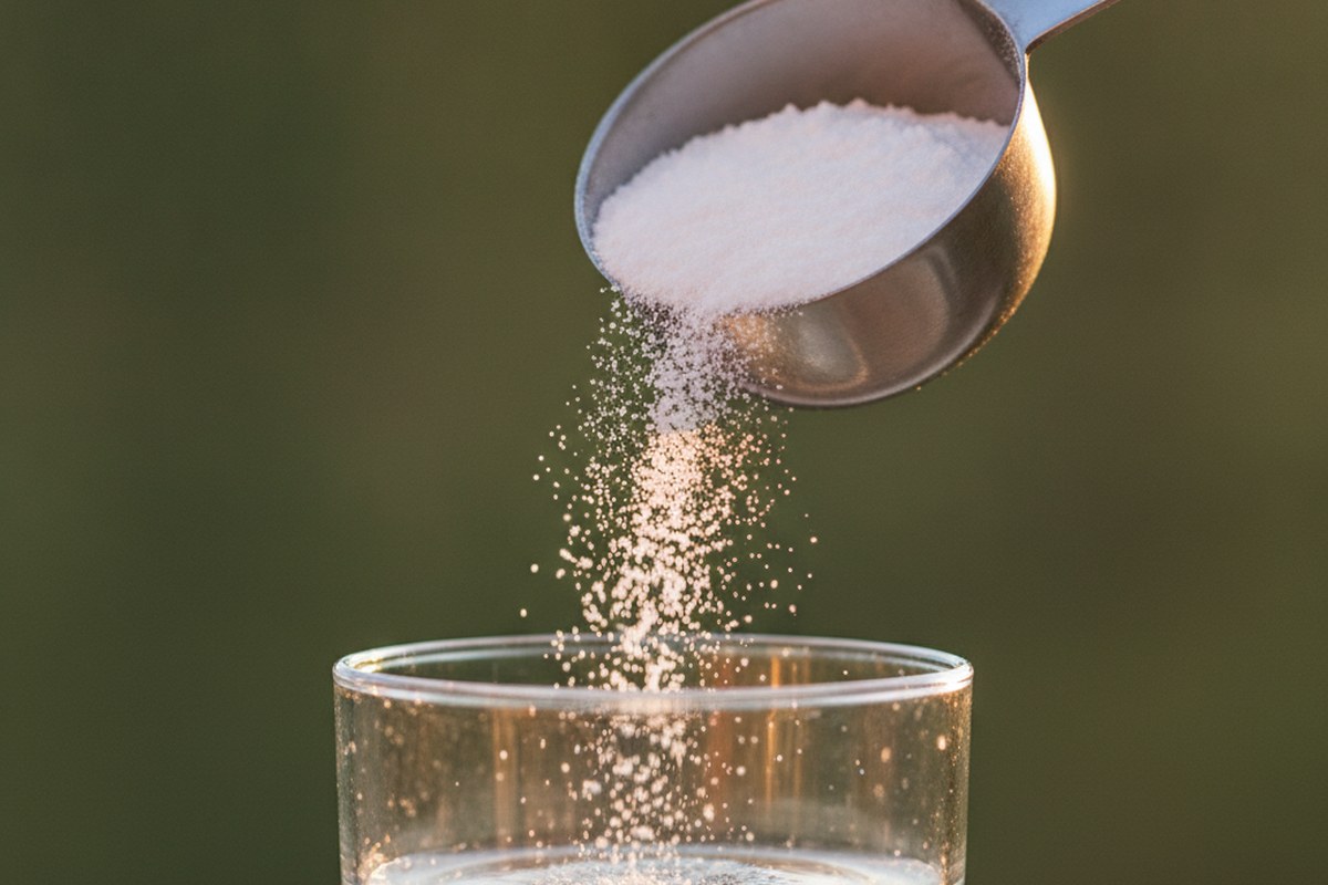 Gros plan d'une cuillère doseuse de poudre blanche versée dans un verre d'eau