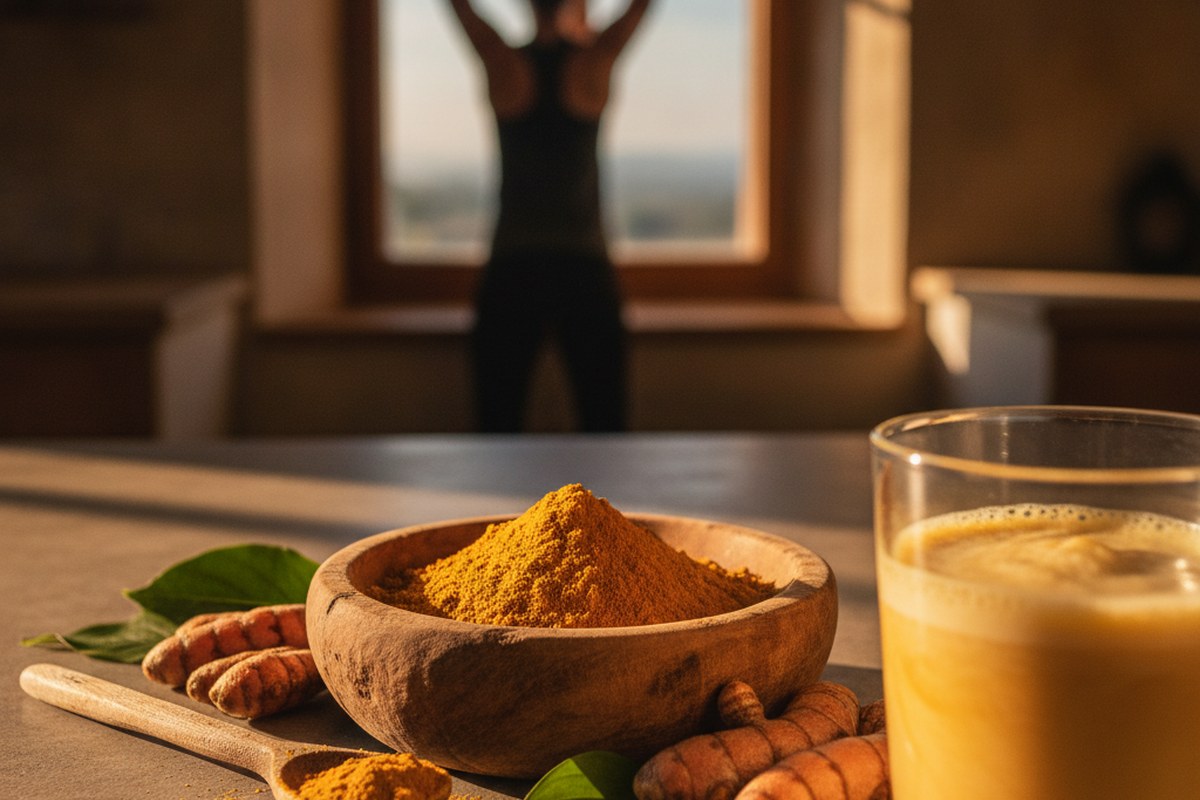 Racines de curcuma frais et poudre dorée sur un plan de travail ensoleillé, avec un coureur qui s'étire en arrière-plan