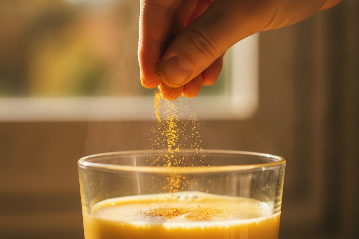 Poudre de curcuma dorée versée dans un verre de lait chaud, gros plan sur la préparation