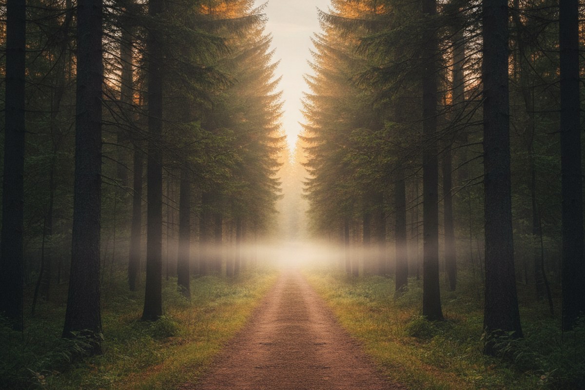 Sentier forestier de montagne au lever du soleil avec brume matinale