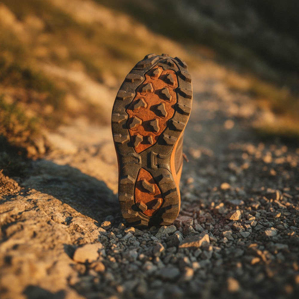 Gros plan sur la semelle crantée d'une chaussure trail posée sur un rocher