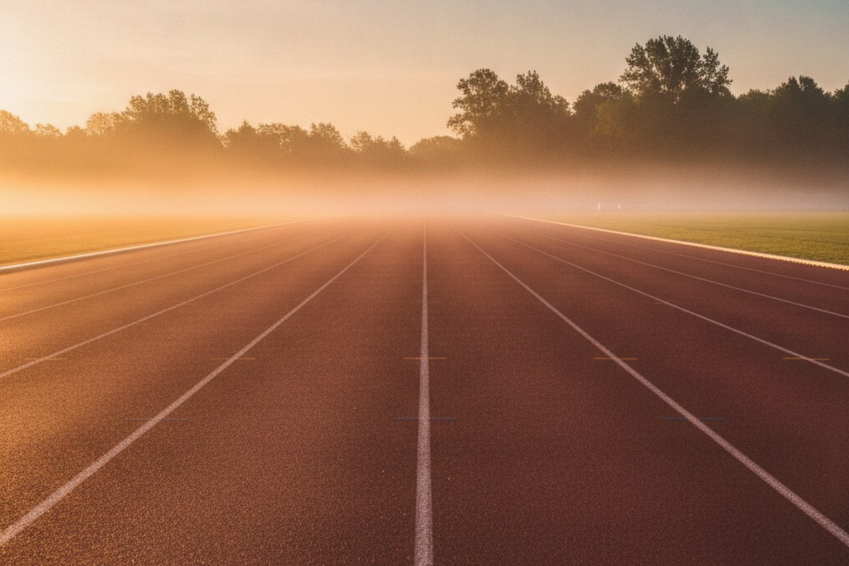 Piste d'athlétisme vide au lever du jour, brume légère sur les lignes