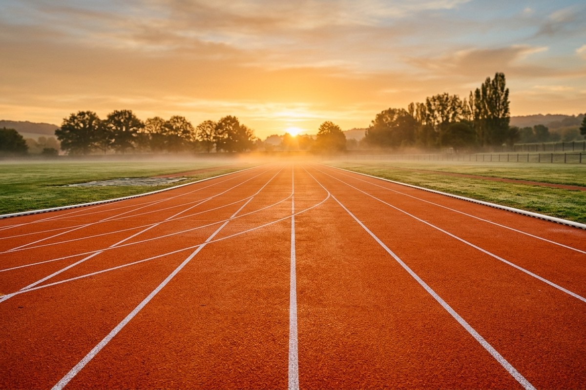Piste d'athletisme vide au lever du soleil avec couloirs oranges