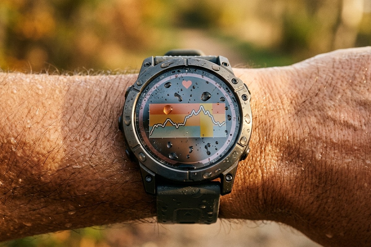 Montre GPS au poignet d'un coureur avec zones de frequence cardiaque
