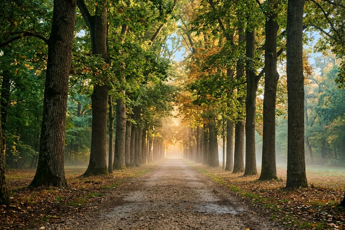 Sentier boise avec lumiere matinale filtrant a travers les arbres