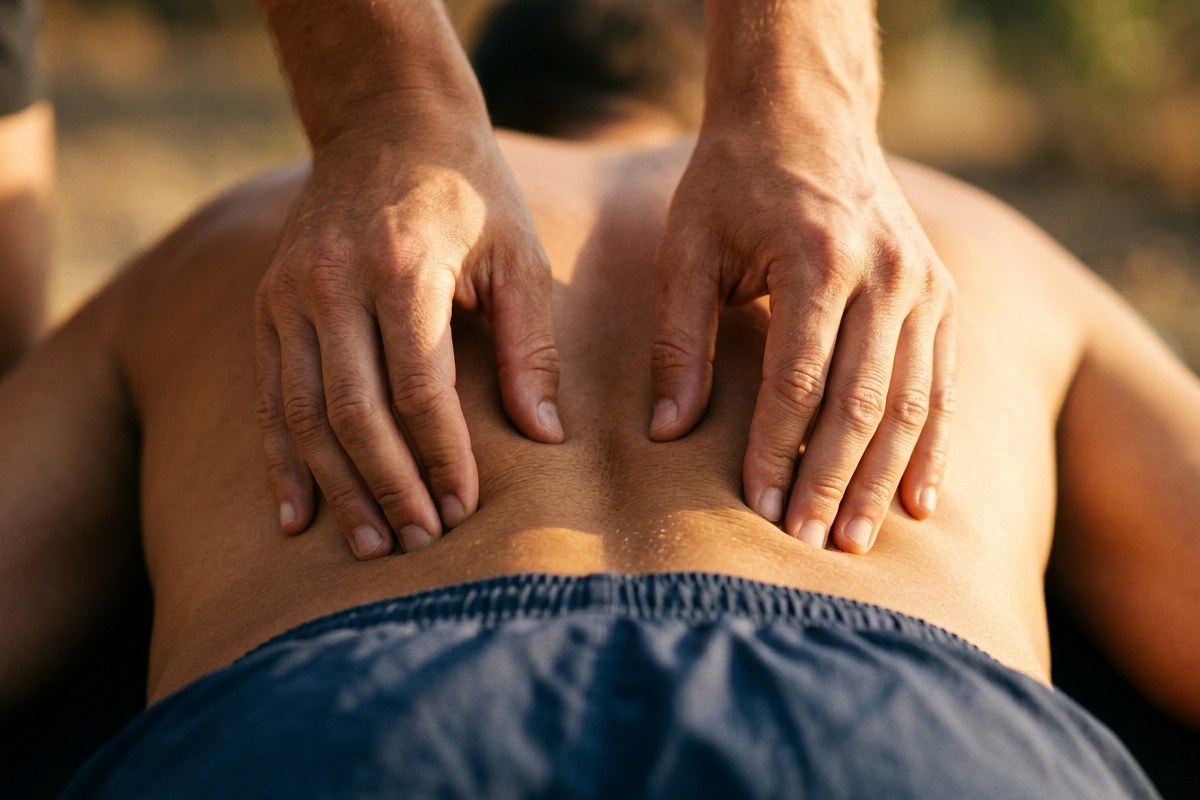 Gros plan de mains massant doucement la zone lombaire d'un sportif
