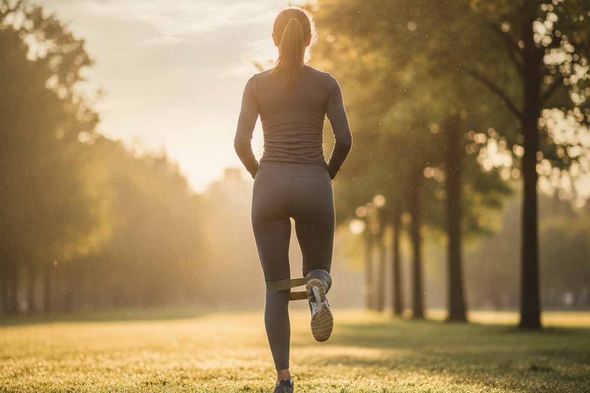 Coureur de dos effectuant un exercice d'abduction de hanche avec elastique dans un parc au lever du soleil
