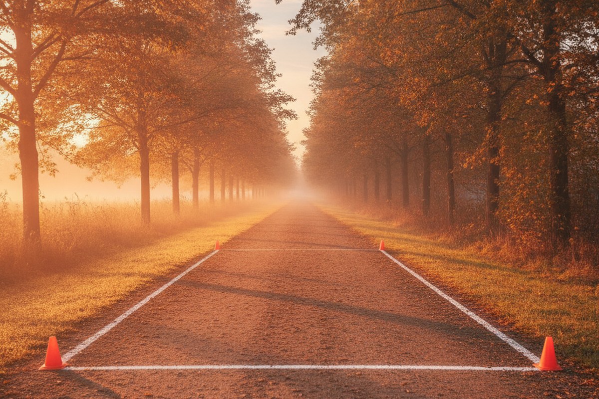 Zone d'échange de relais vide sur un chemin de parc à l'aube, brume matinale et plots au sol