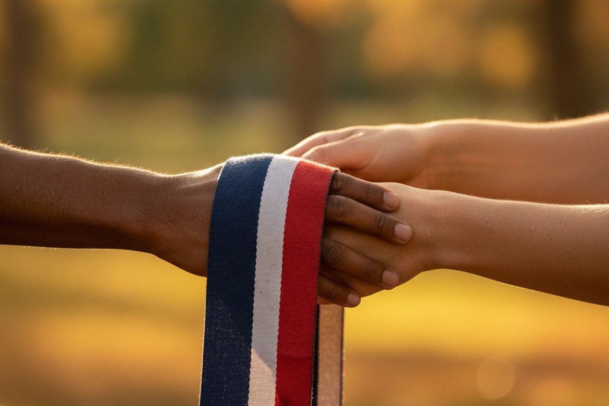 Gros plan sur deux mains qui échangent une bande de relais tissée tricolore, lumière dorée d'automne
