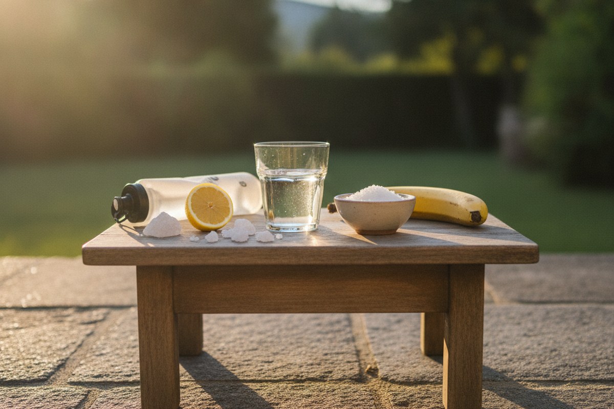 Verre d'eau, citron, cristaux de sel et banane sur une table en bois au lever du jour