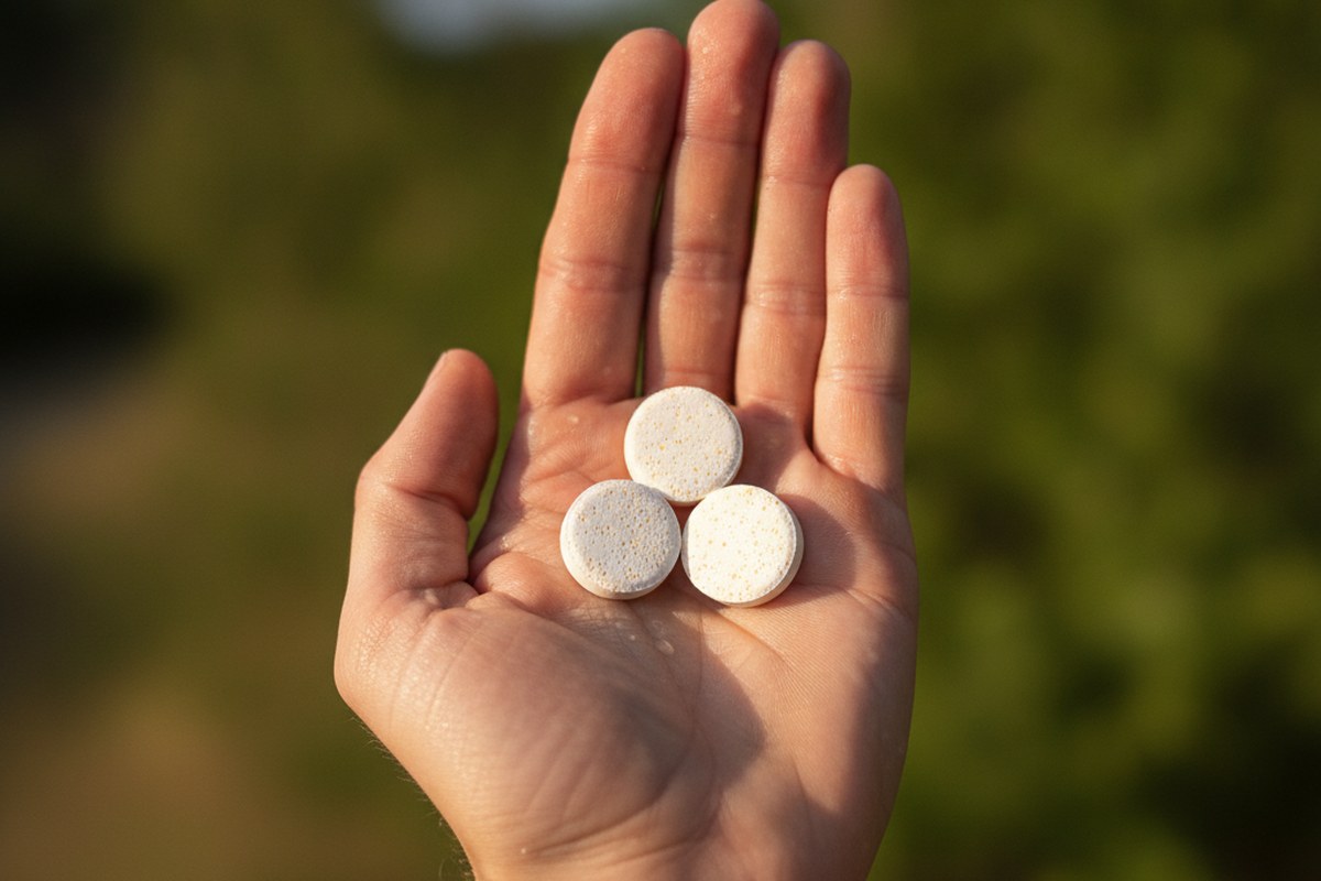 Main ouverte tenant trois pastilles d'électrolytes effervescentes en gros plan