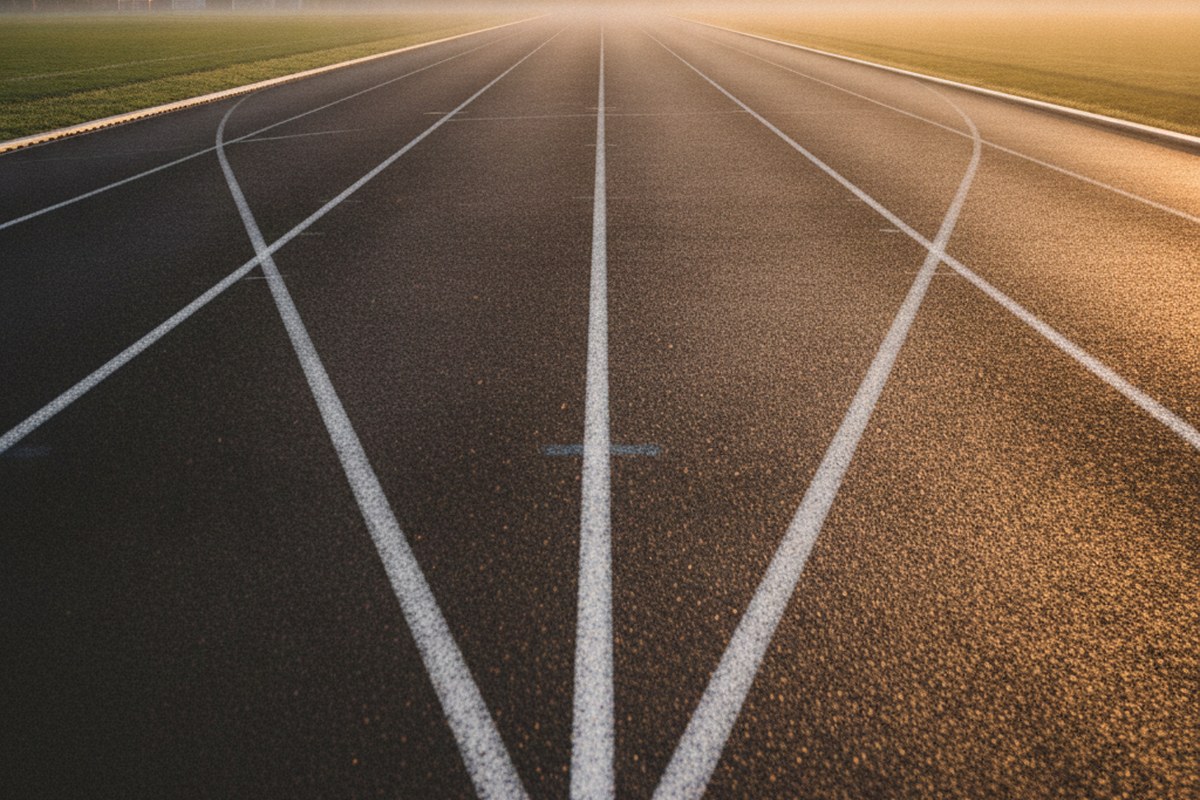 Piste d'athlétisme vide et ensoleillée à l'aube, symbole d'une séance de relance courte