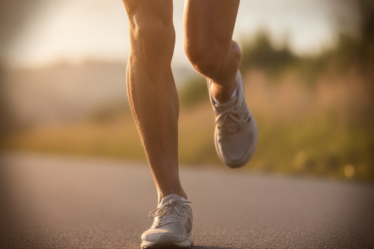 Gros plan sur des jambes de coureur en pleine foulée sur une route au lever du jour