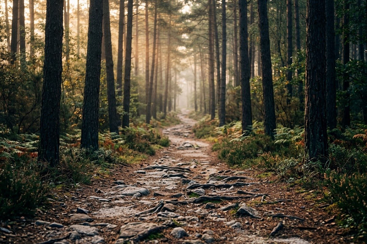Sentier de trail rocailleux en foret au lever du soleil