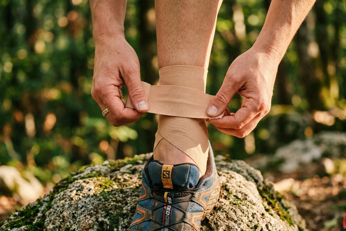 Application de strapping kinesio sur une cheville de coureur