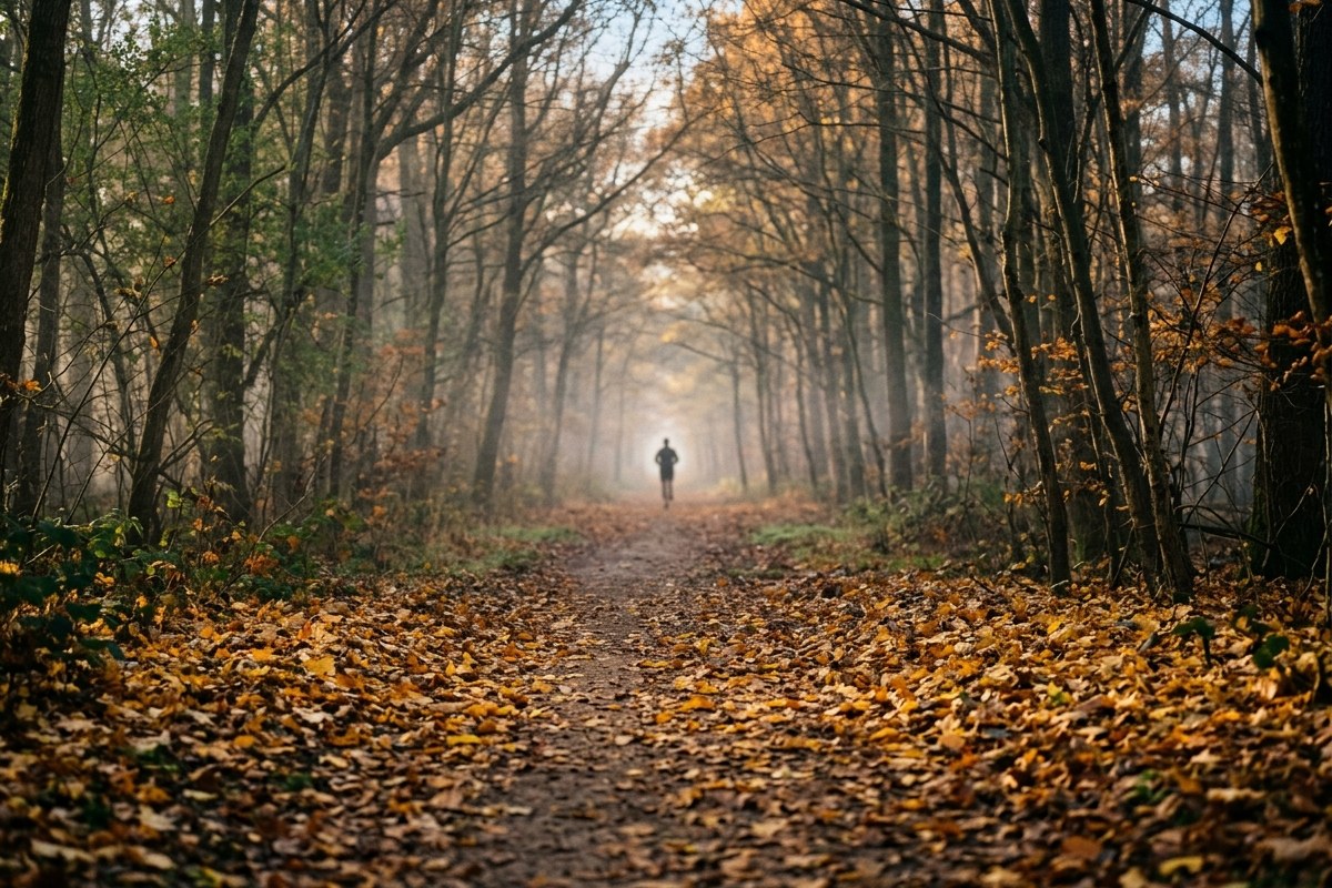 Sentier forestier embrumé tapissé de feuilles mortes avec un coureur au loin