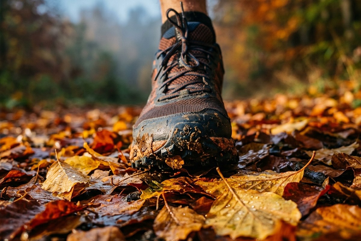 Gros plan sur une chaussure de trail posée sur des feuilles mortes humides