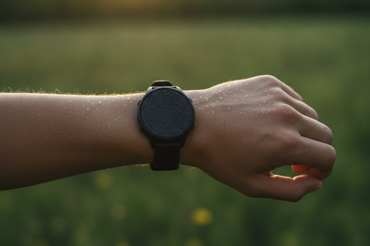 Gros plan sur une montre GPS au poignet d'un coureur avec des gouttes de sueur