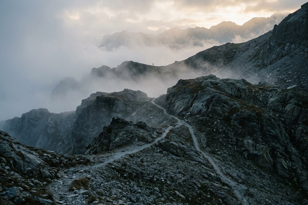 Sentier de montagne vide dans la brume au lever du jour