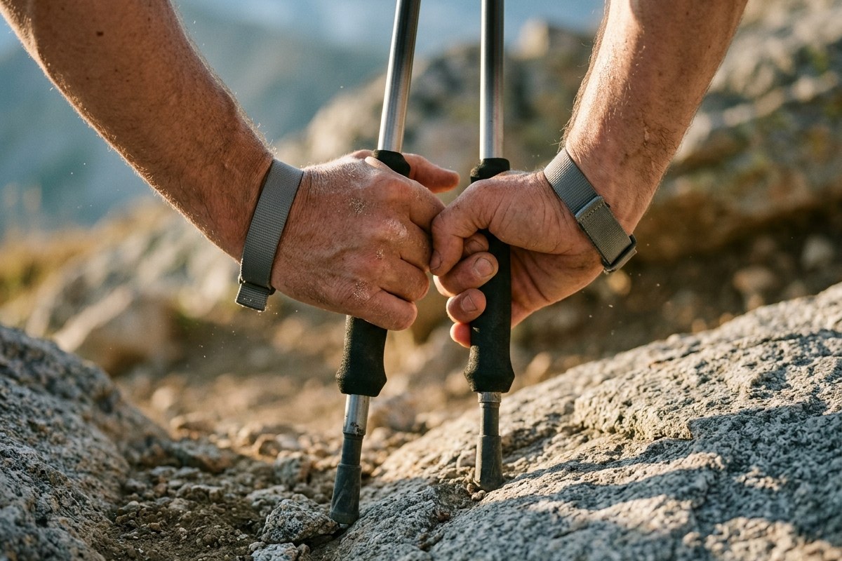 Gros plan sur des mains qui serrent les poignées de bâtons de trail sur un sentier rocailleux