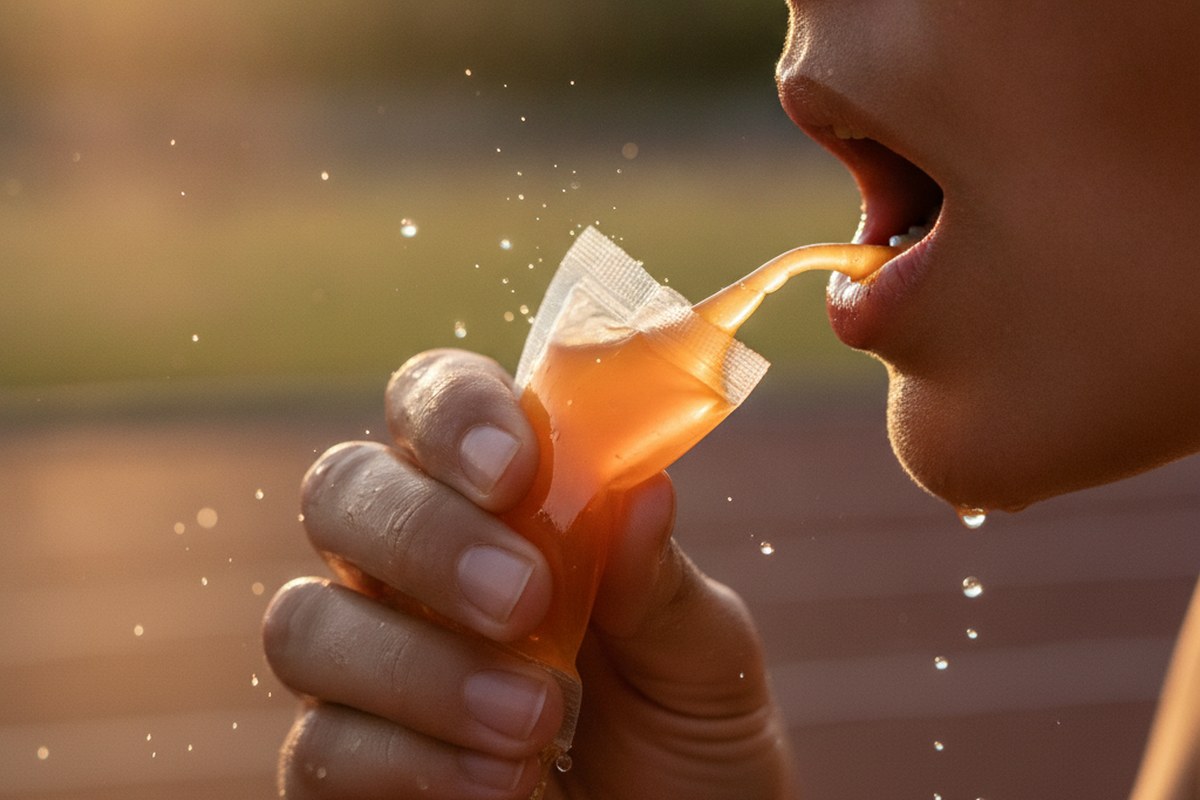 Gros plan sur une main pressant un gel energetique dans une bouche ouverte en course