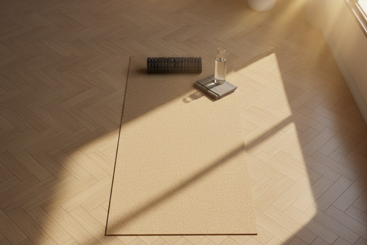 Tapis de sol avec foam roller et bouteille d eau, lumiere du matin