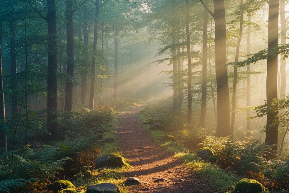 Sentier de forêt à l'aube avec rayons de soleil dans la brume