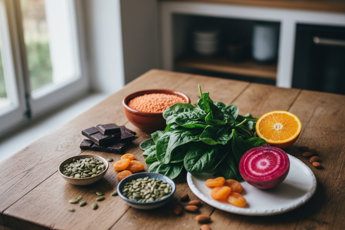 Aliments riches en fer et magnésium disposés sur une table en bois : épinards, lentilles, chocolat noir, graines de courge, abricots secs, orange