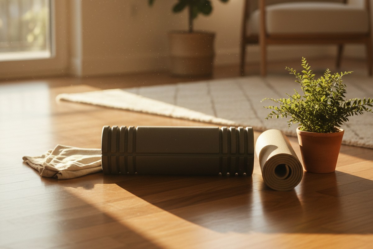 Rouleau de massage posé au sol à côté d'un tapis de yoga roulé dans une pièce ensoleillée