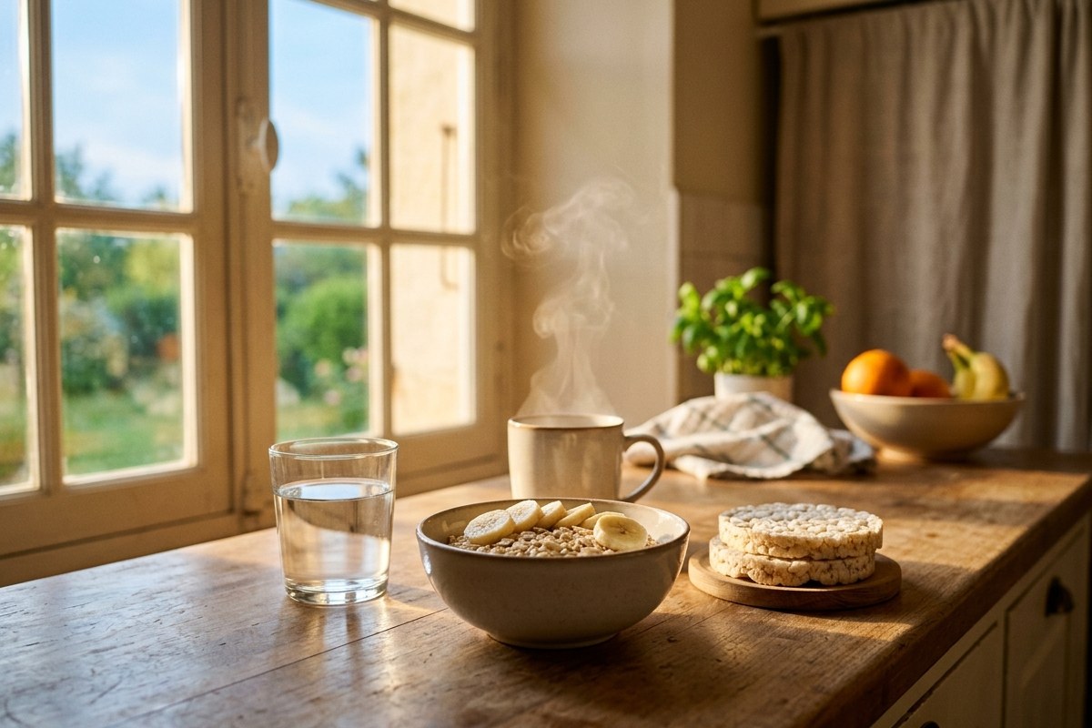 Petit-déjeuner pauvre en FODMAP préparé dans une cuisine ensoleillée, avec flocons d'avoine, banane et galettes de riz