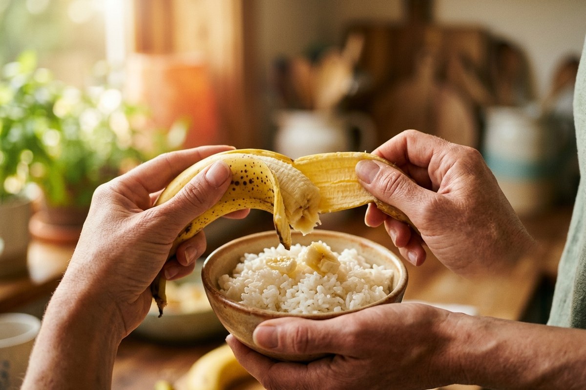 Gros plan sur des mains épluchant une banane au-dessus d'un bol de riz blanc