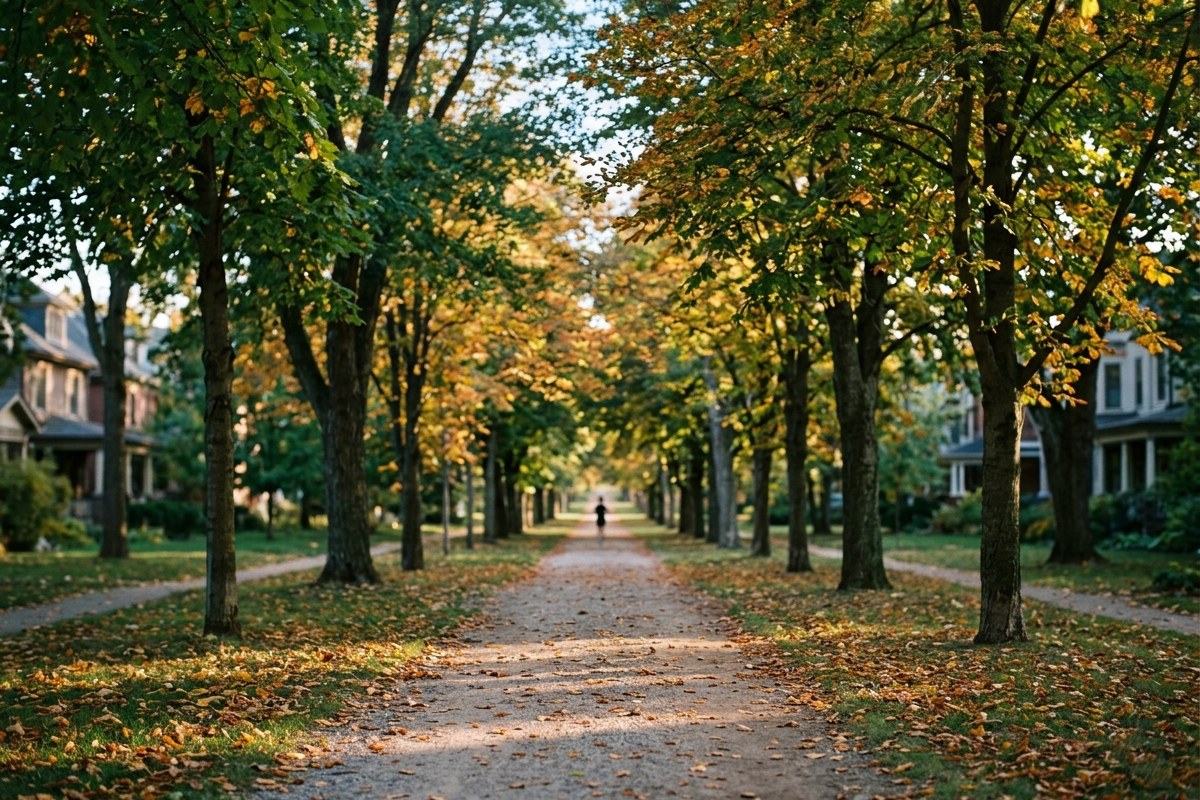 Chemin ombragé dans un parc en automne avec un coureur au loin, lumière dorée