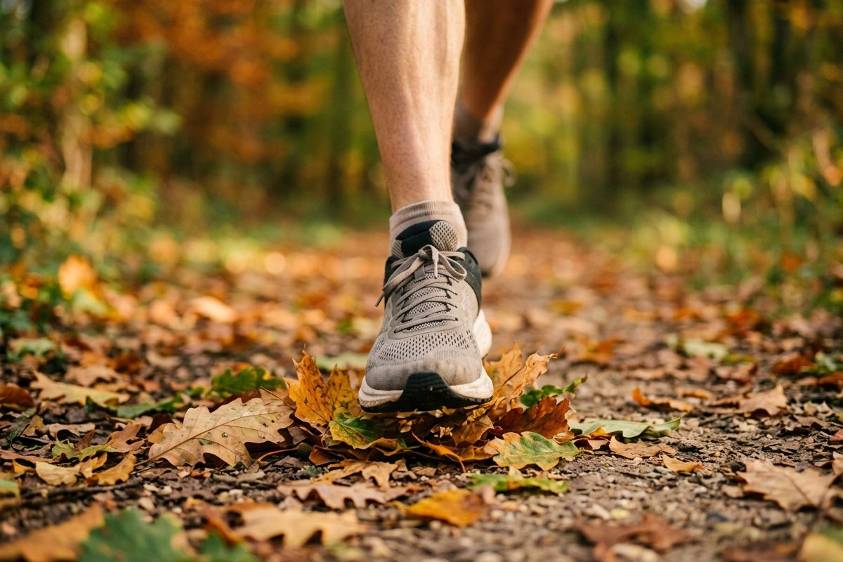 Gros plan sur une chaussure de running posée sur des feuilles d'automne, foulée détendue