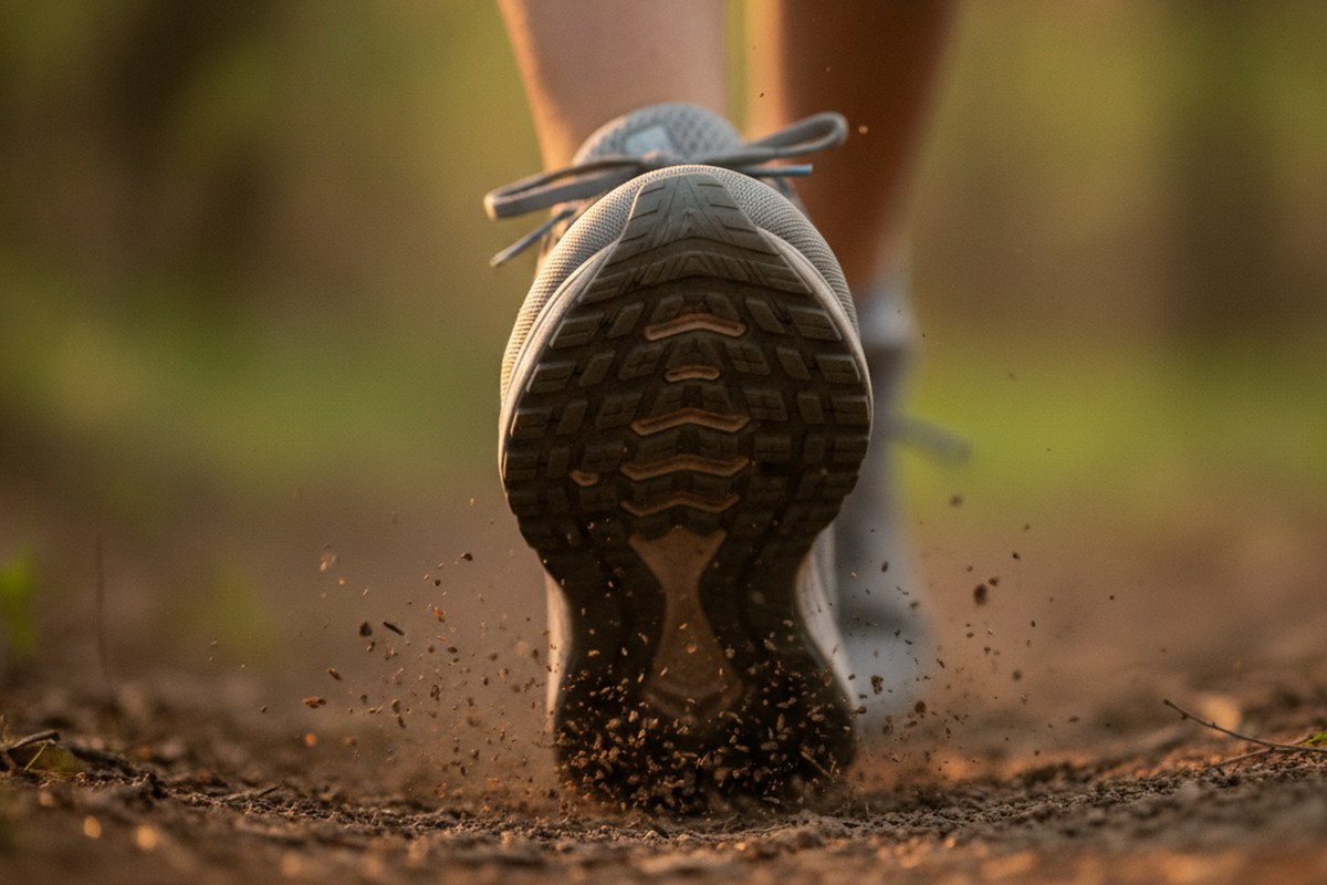 Gros plan d'une semelle de chaussure de course au contact d'un sentier forestier