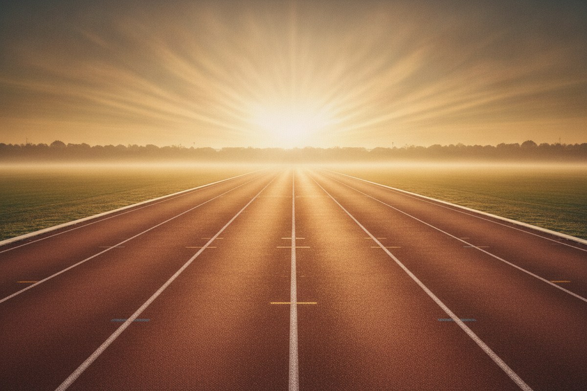 Piste d'athlétisme vide à l'aube avec lumière dorée rasante sur les couloirs