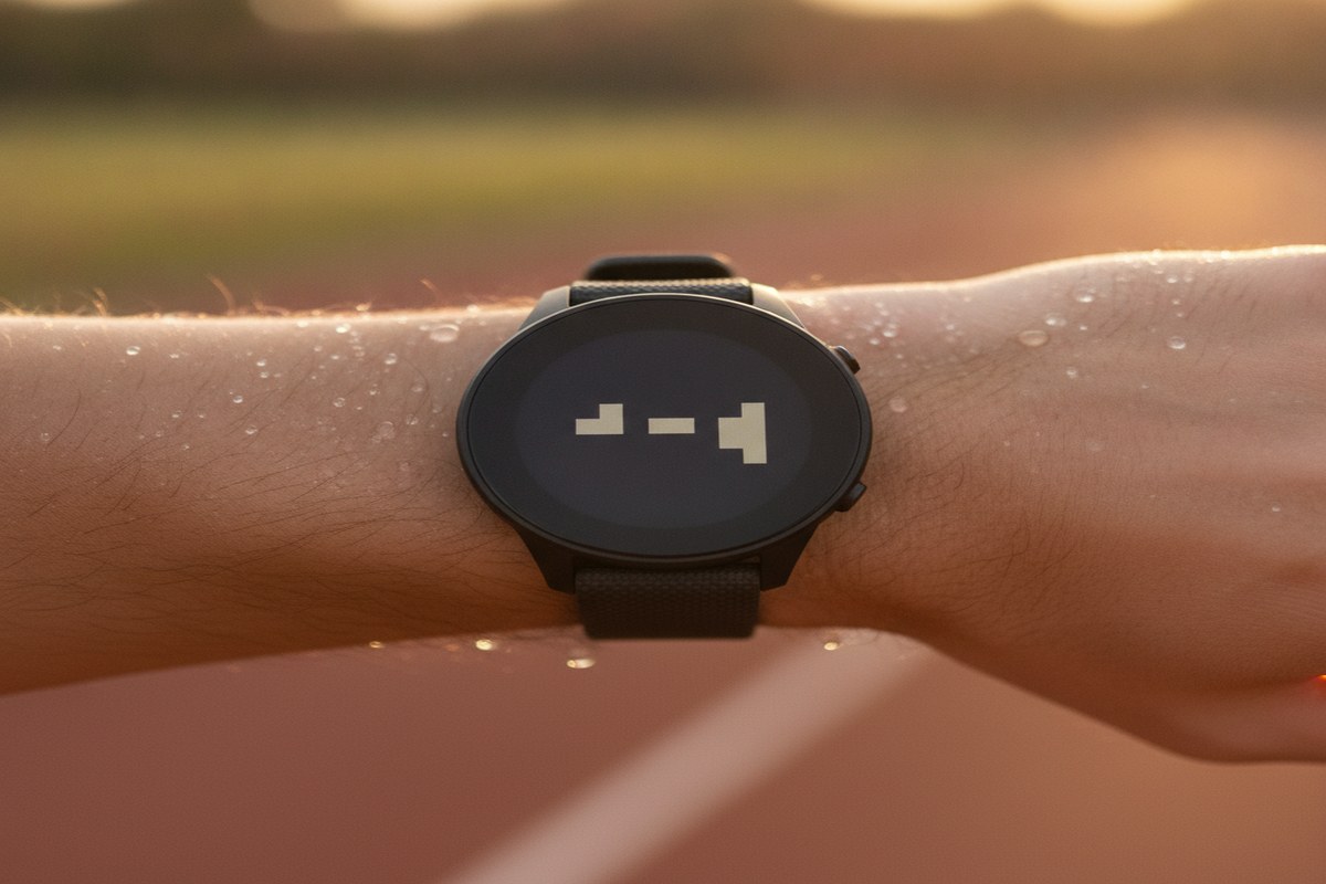 Gros plan d'une montre GPS au poignet d'un coureur avec des gouttes de sueur en plein effort