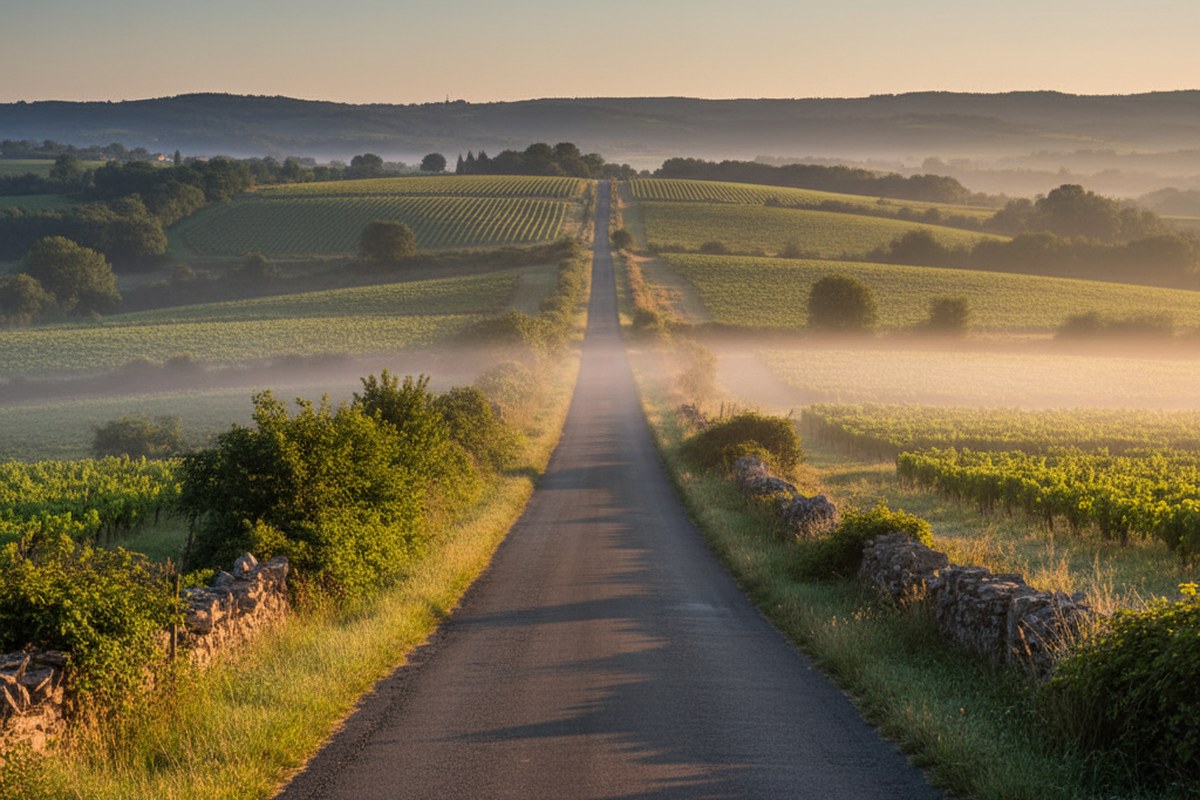 Route de campagne montant vers l horizon au lever du soleil
