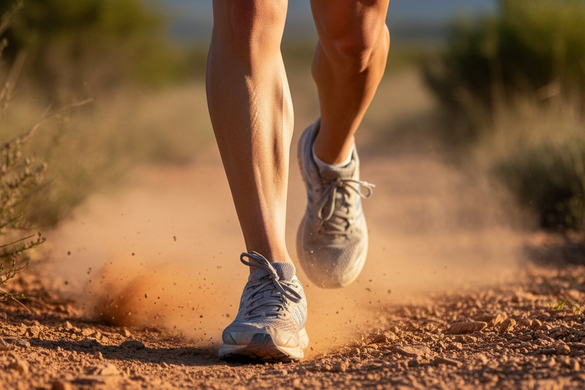 Gros plan sur les mollets d un coureur en foulee ascendante sur sentier